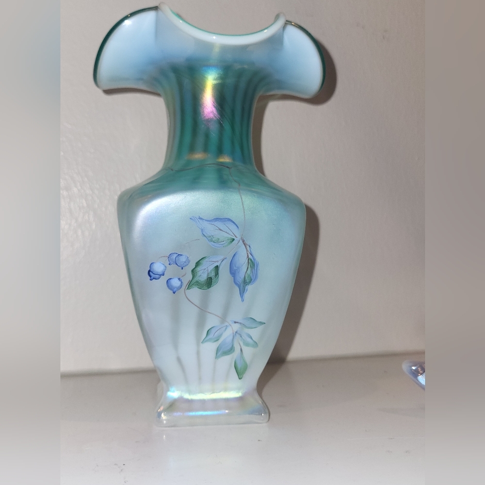 Fenton Vintage signed Hand Painted Iridescent Vase with Floral Accents